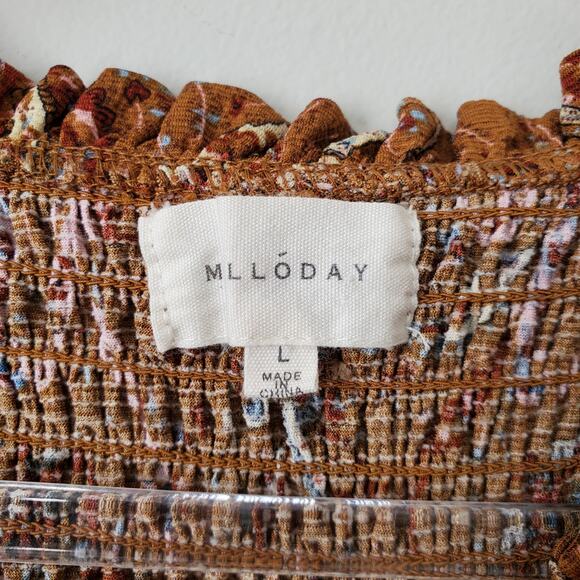 Melloday Women Smocked Peplum Top L boho Floral Cottage Country Fall - Picture 4 of 14